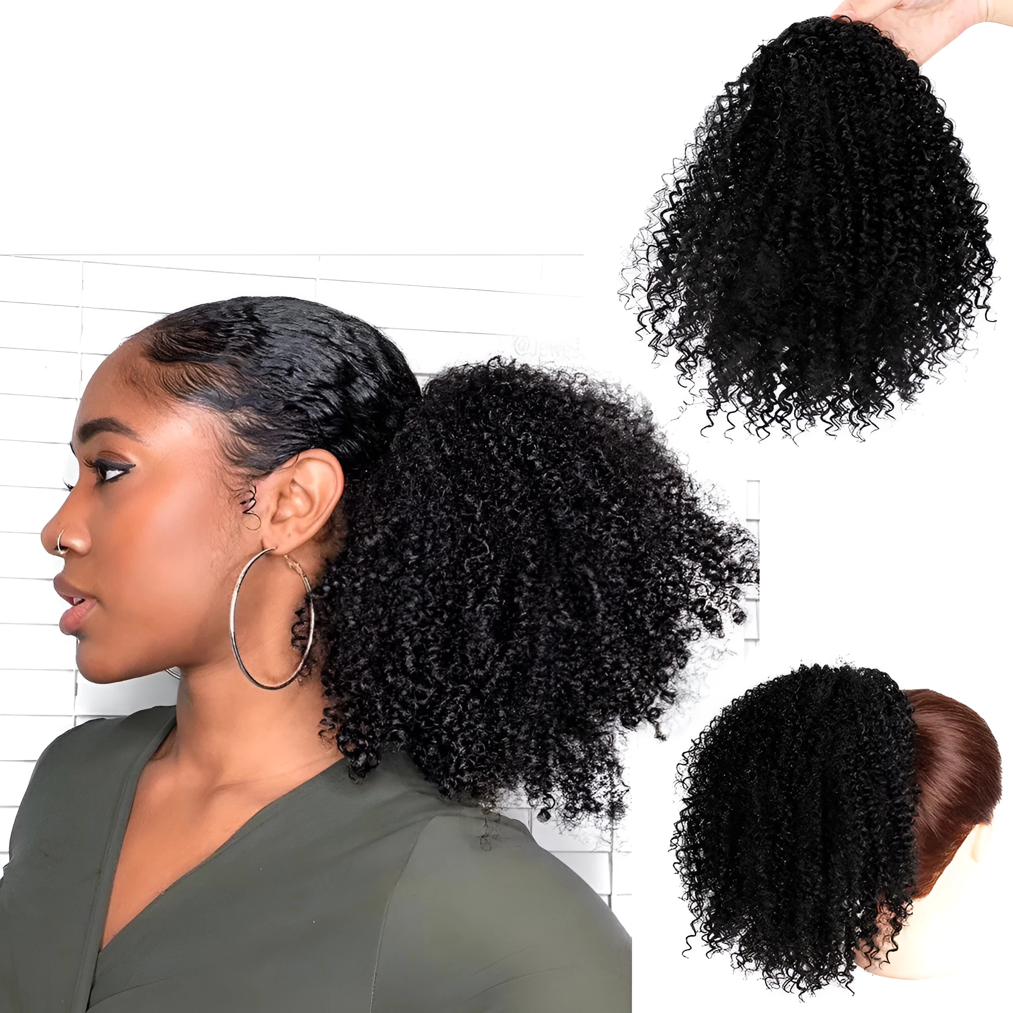 Women's African drawstring stretch small curly wig in 8 inch length, chemical fibre, colour 1b black