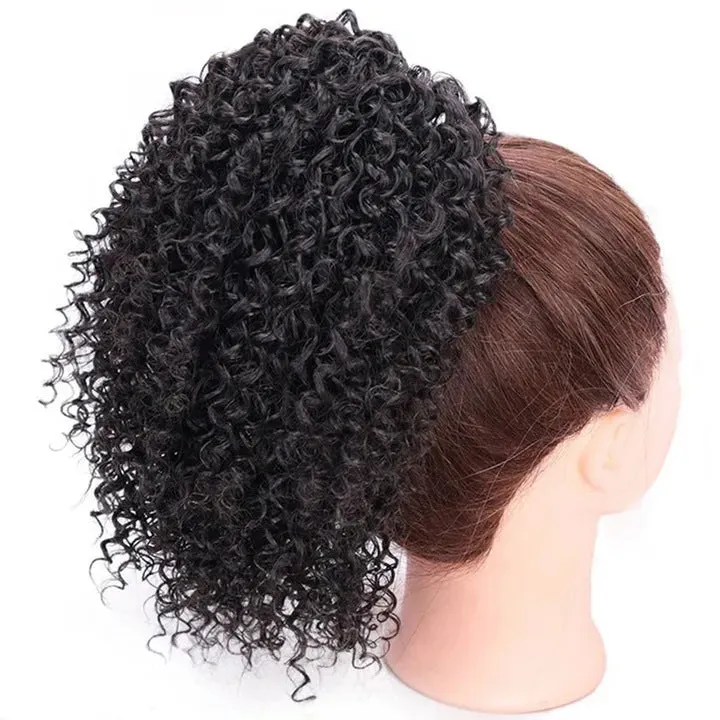Women's African drawstring stretch small curly wig in 8 inch length, chemical fibre, colour 1b black