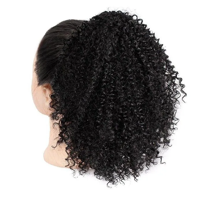 Women's African drawstring stretch small curly wig in 8 inch length, chemical fibre, colour 1b black
