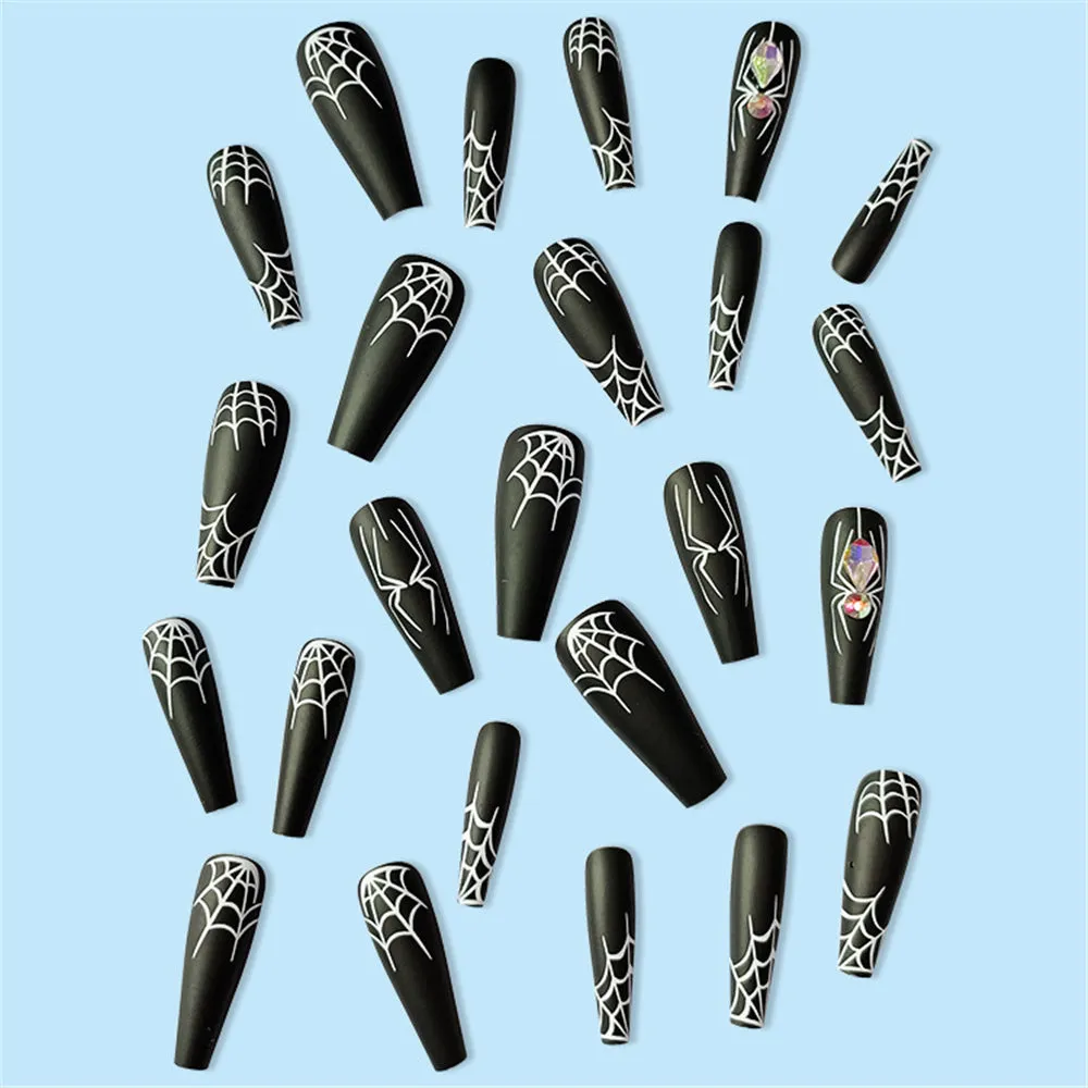Dark Spider Halloween nail tips 24 pieces with glue, sweet cool long wearable design cartoon pattern