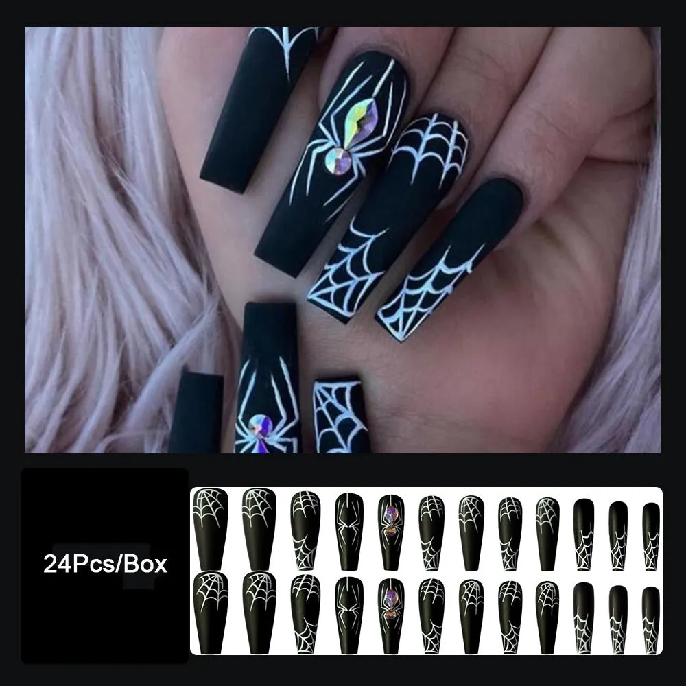 Dark Spider Halloween nail tips 24 pieces with glue, sweet cool long wearable design cartoon pattern