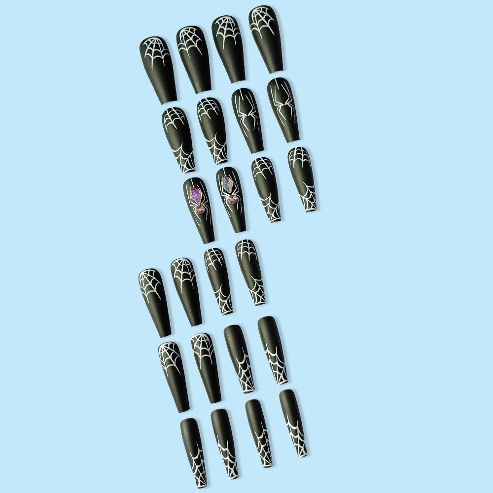 Dark Spider Halloween nail tips 24 pieces with glue, sweet cool long wearable design cartoon pattern