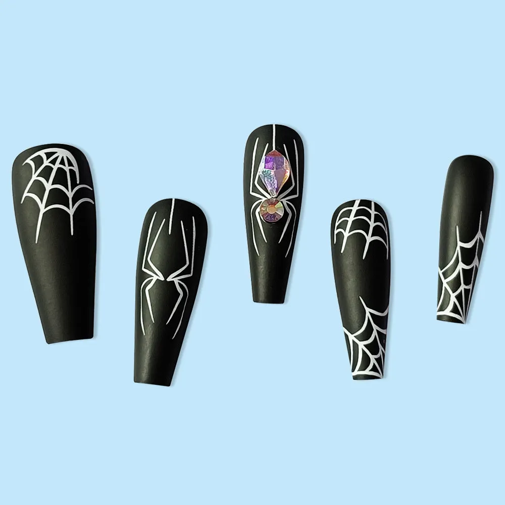 Dark Spider Halloween nail tips 24 pieces with glue, sweet cool long wearable design cartoon pattern