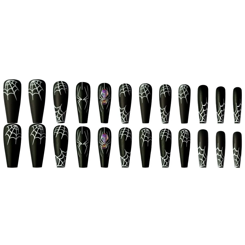 Dark Spider Halloween nail tips 24 pieces with glue, sweet cool long wearable design cartoon pattern