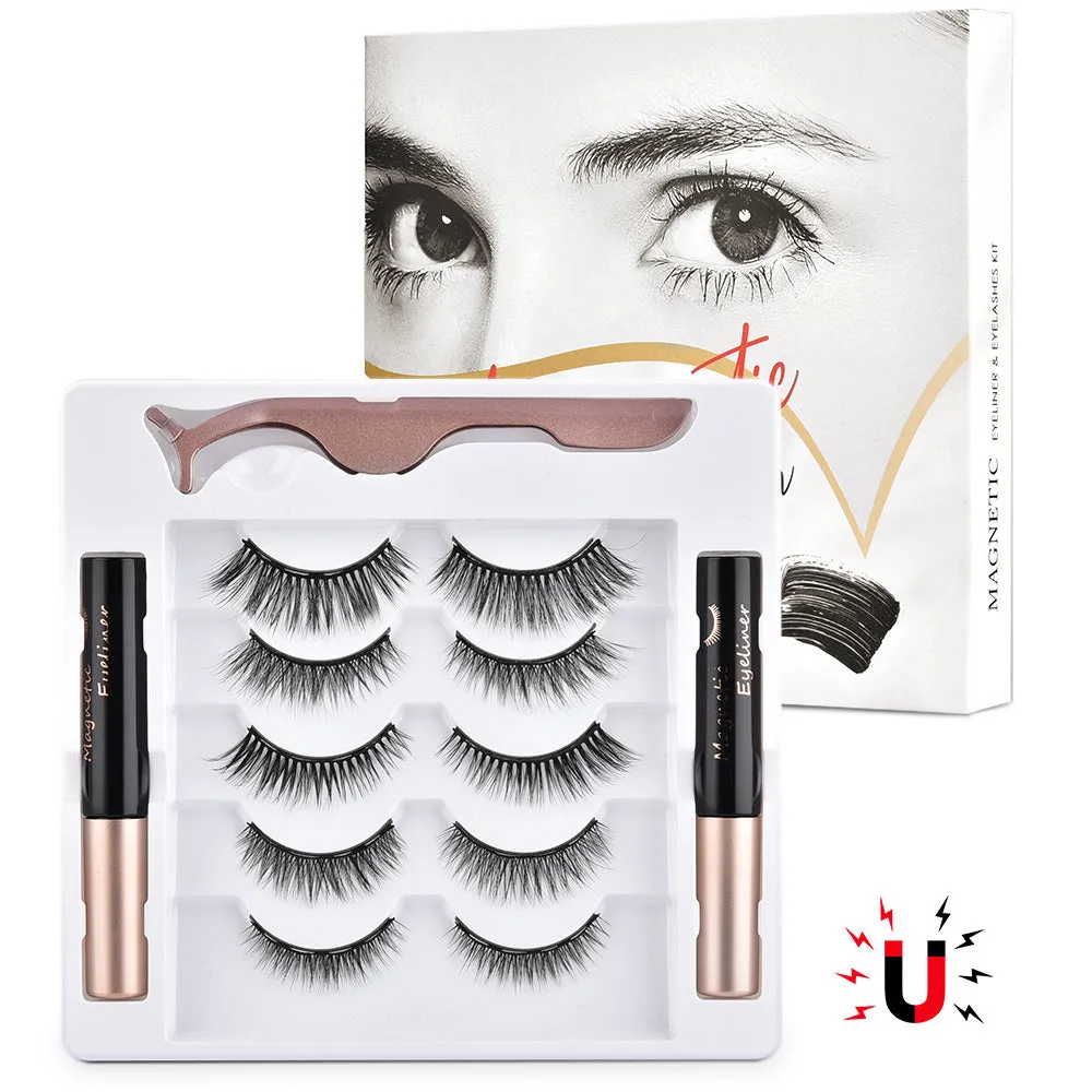 Magnetic false eyelashes set with 5 pairs of handcrafted imported fiber lashes and 2 mascara tubes in packaging