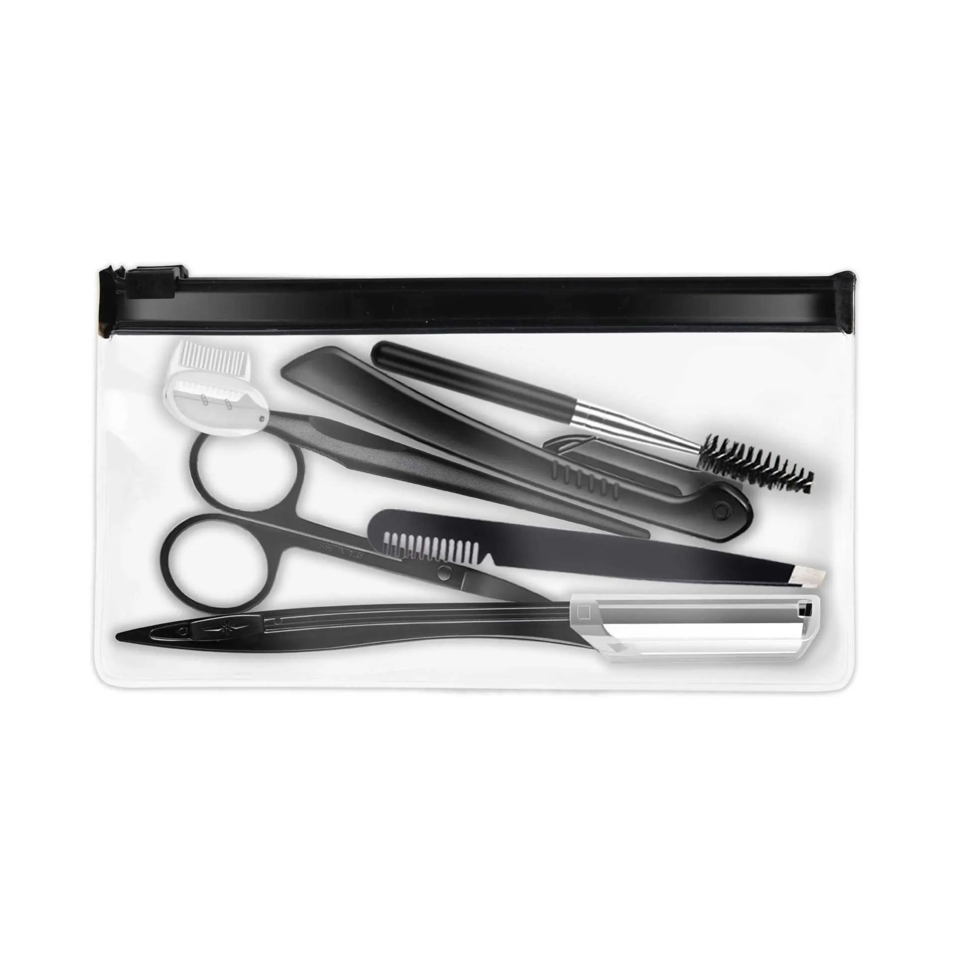 Black eyebrow trimming set with 11 pieces in a bone bag, including scissors and comb for precision trimming