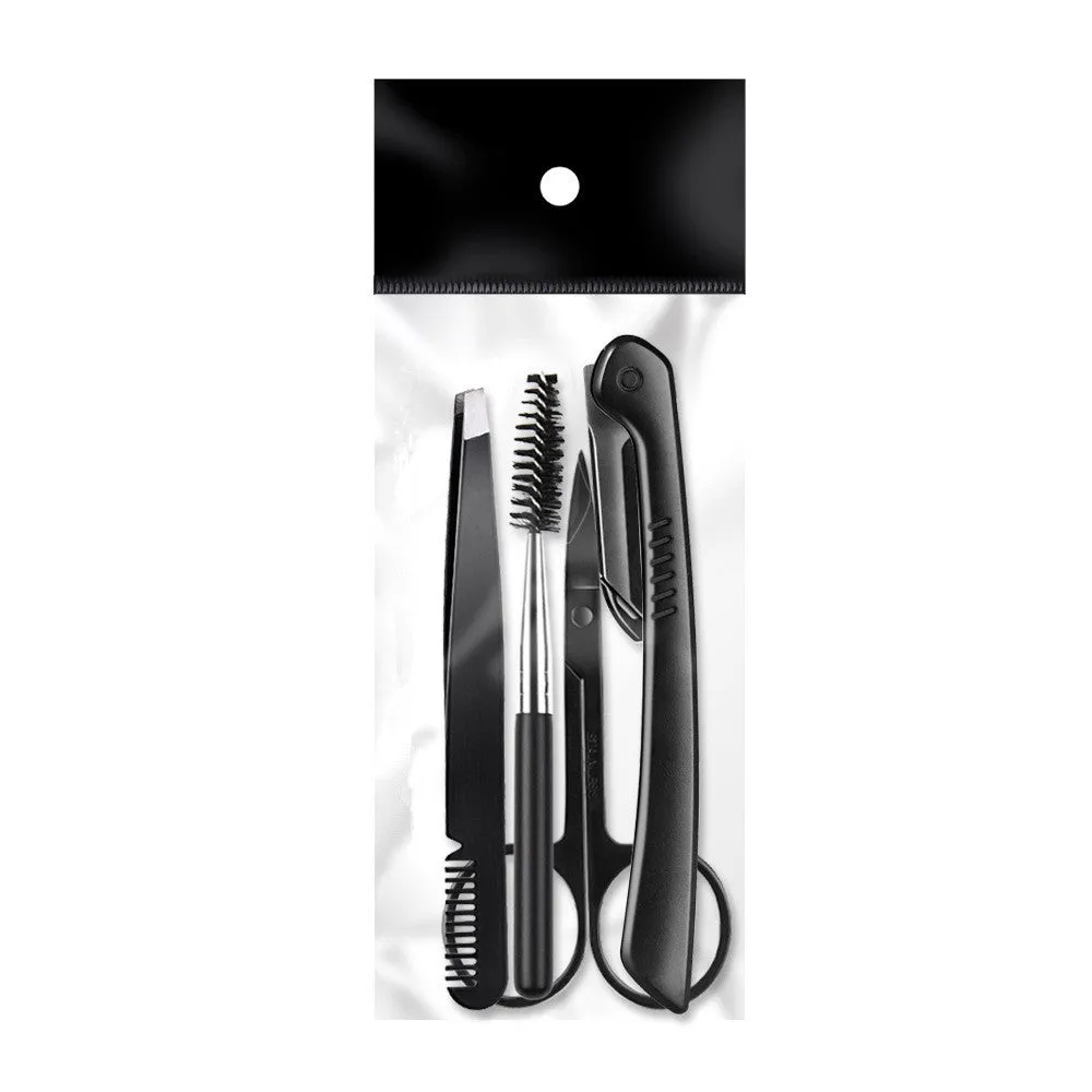 Black eyebrow trimming set with 11 pieces in a bone bag, including scissors and comb for precision trimming