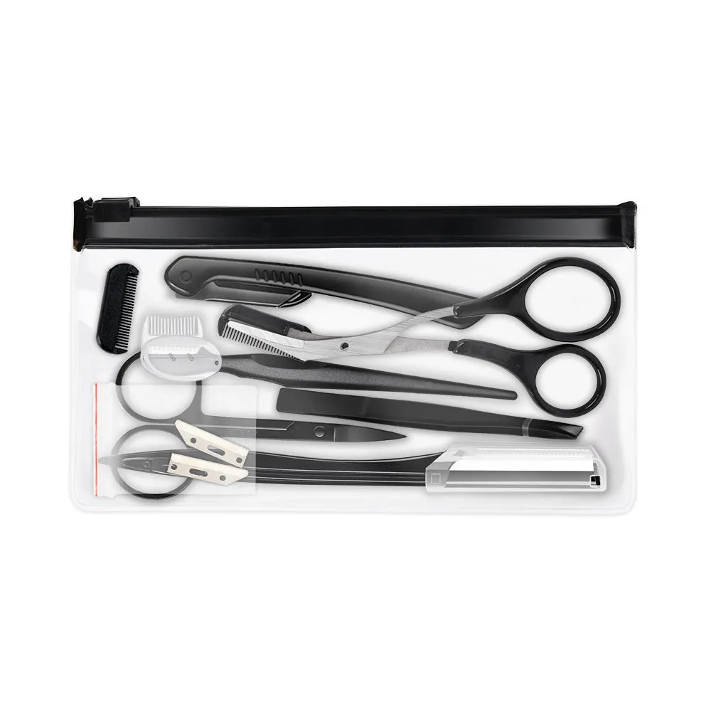 Black eyebrow trimming set with 11 pieces in a bone bag, including scissors and comb for precision trimming