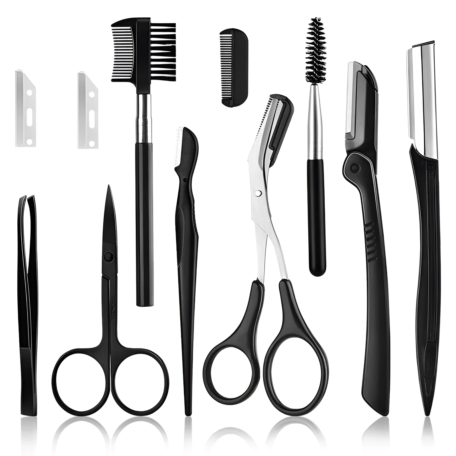 Black eyebrow trimming set with 11 pieces in a bone bag, including scissors and comb for precision trimming