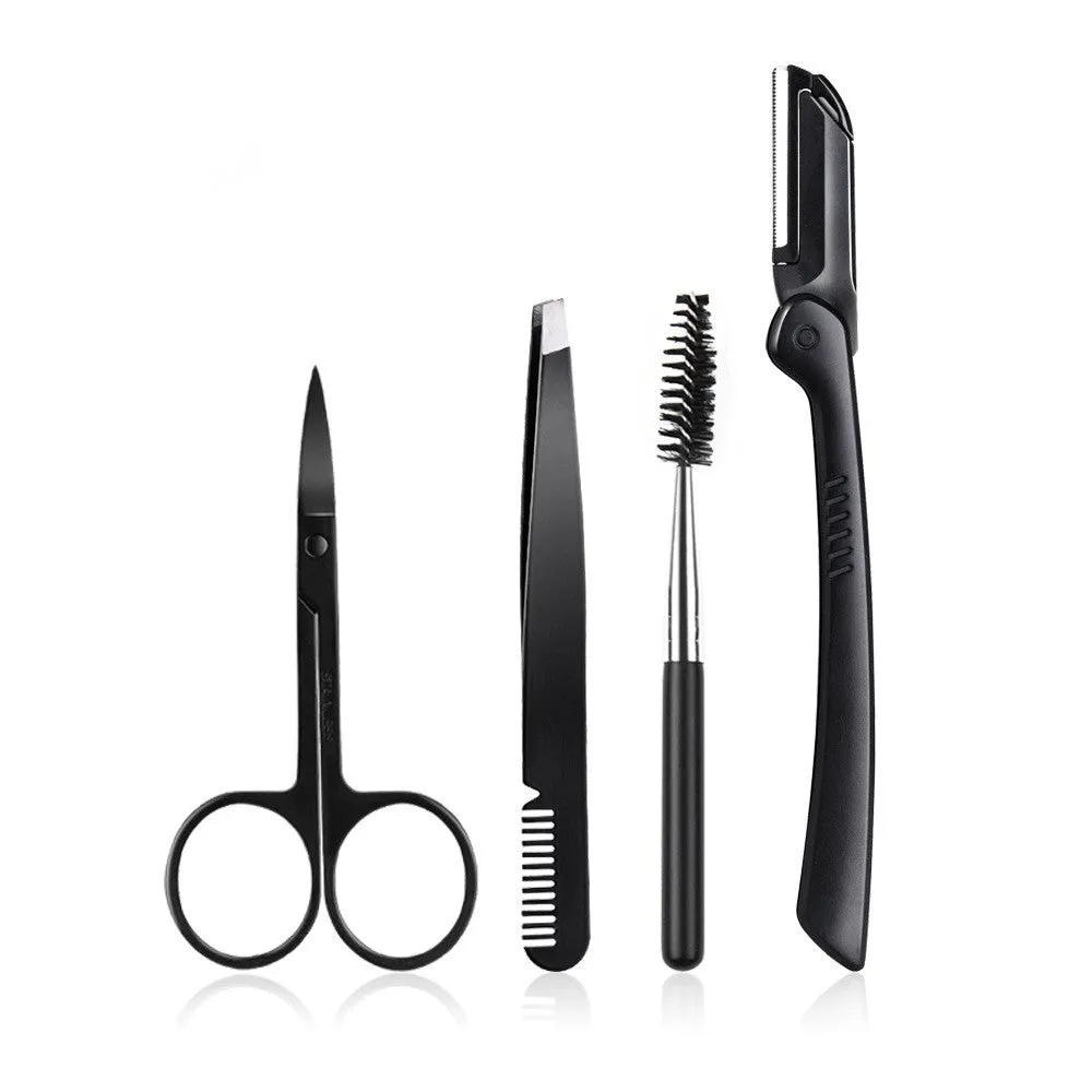Black eyebrow trimming set with 11 pieces in a bone bag, including scissors and comb for precision trimming