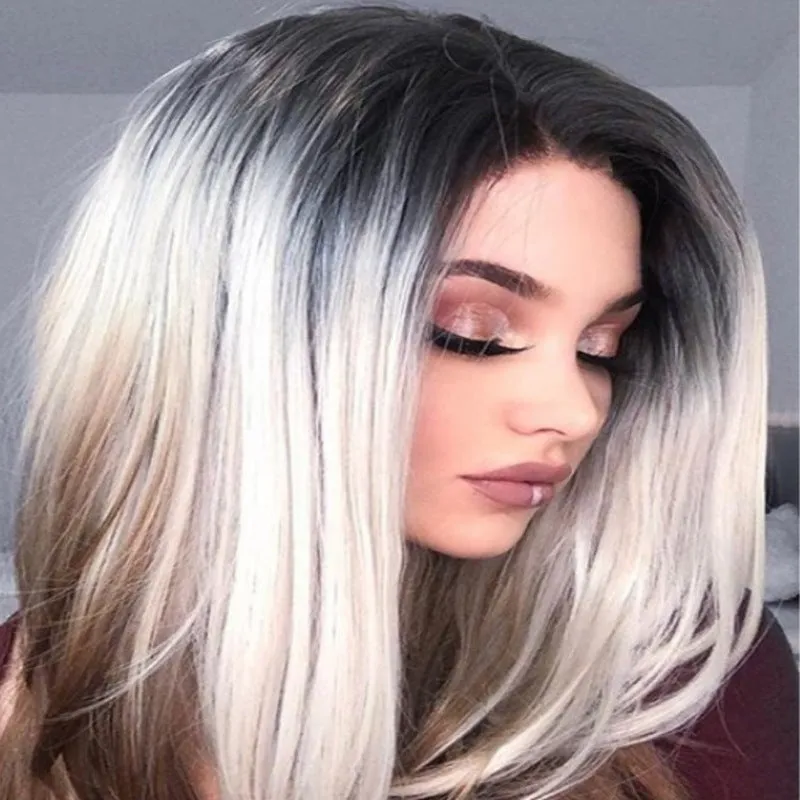 Three-color gradient mid-section women's wig in Linen Grey with oblique bangs on a mannequin head