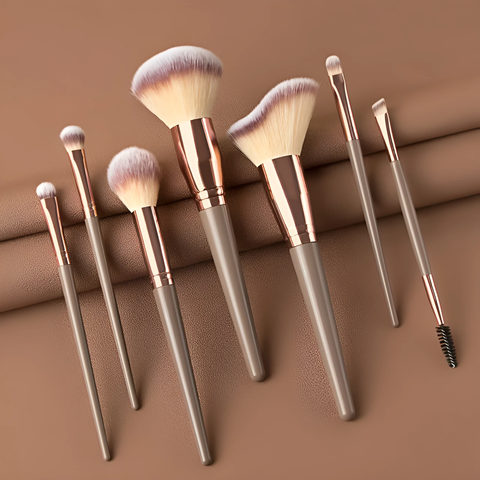 7-piece eyeshadow brush set with rayon bristles and long plastic handles in brown and black colour options