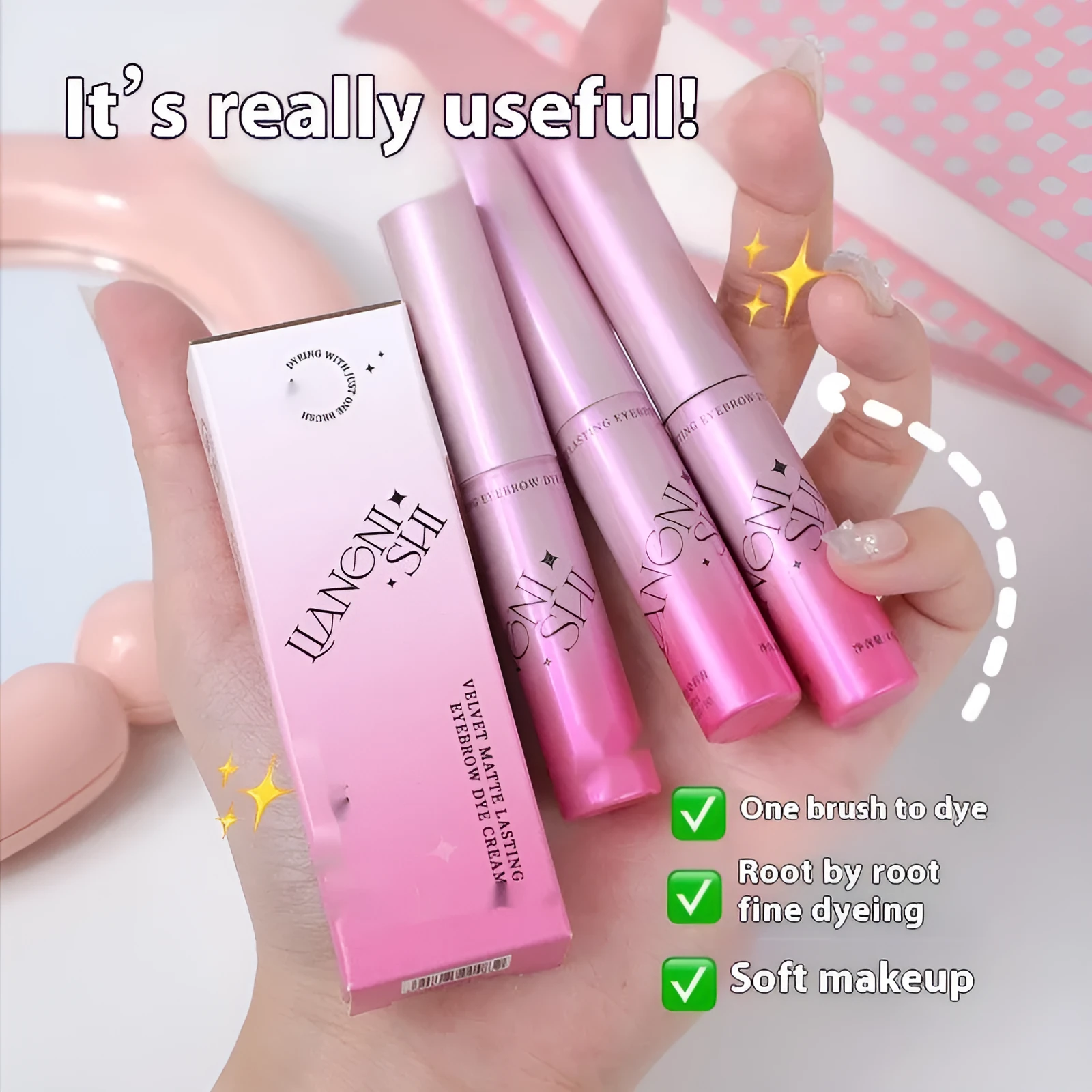 Velvet eyebrow cream in packaging showing four colour options: milk coffee, raw latte, coffee pink latte