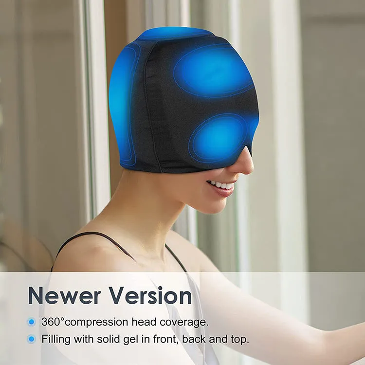 Black migraine relief hat with Lycra elastic cloth and gel pack on head model