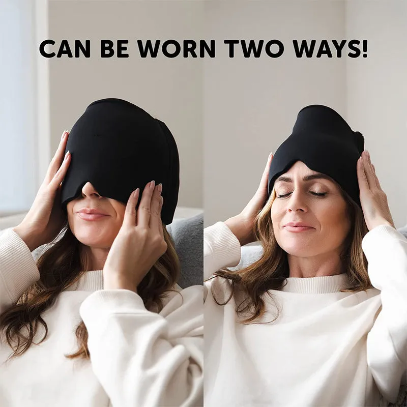 Black migraine relief hat with Lycra elastic cloth and gel pack on head model