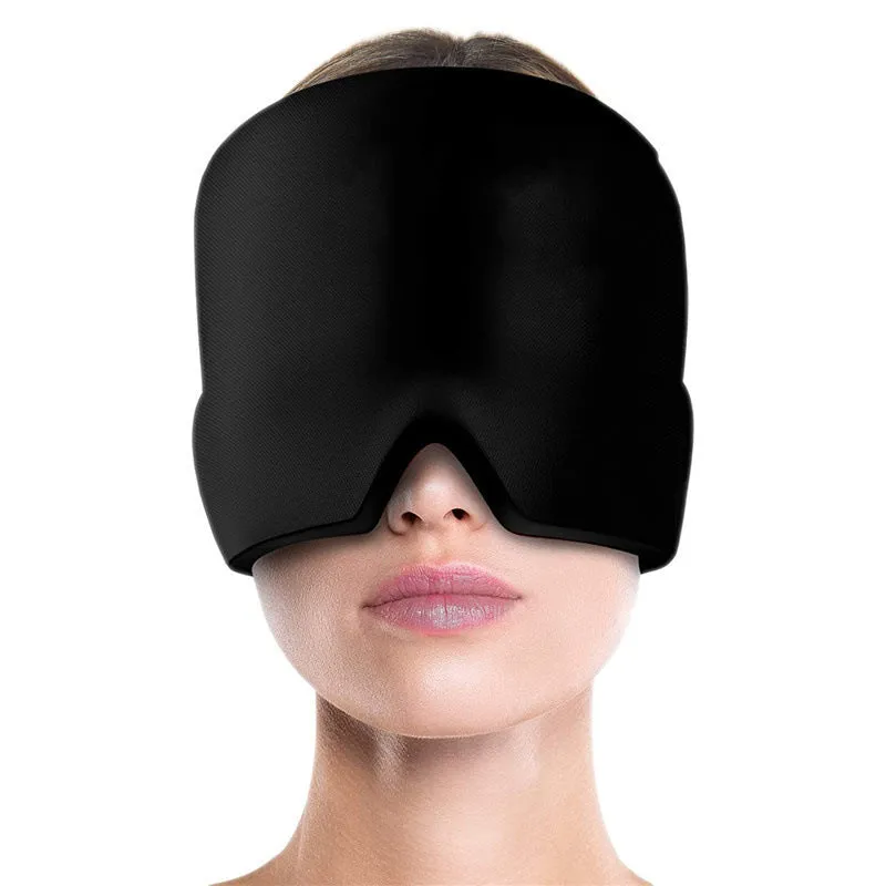 Black migraine relief hat with Lycra elastic cloth and gel pack on head model