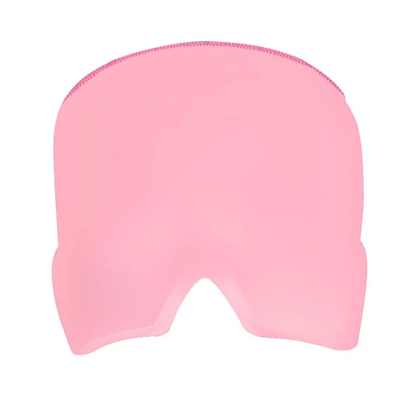 Black migraine relief hat with Lycra elastic cloth and gel pack on head model