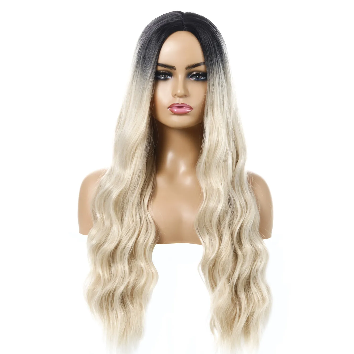 European American wavy curly ladies wig in multiple colours including apricot, beige, black, brown, gold, grey, khaki, orange, red, silver, white