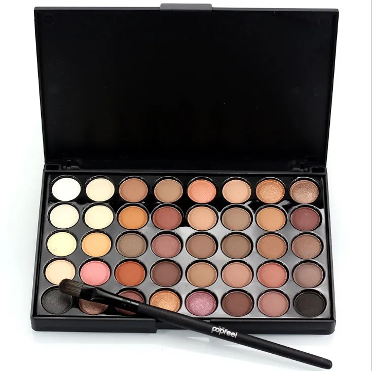 40-colour matte and glitter eyeshadow palette with a brush, showing earth tones and vibrant shades in one case