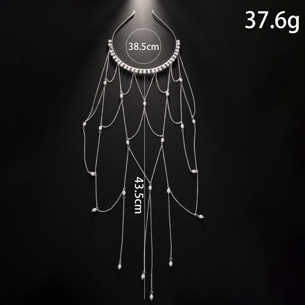 Gold and silver mesh tassel hair chain with pearl elements for women