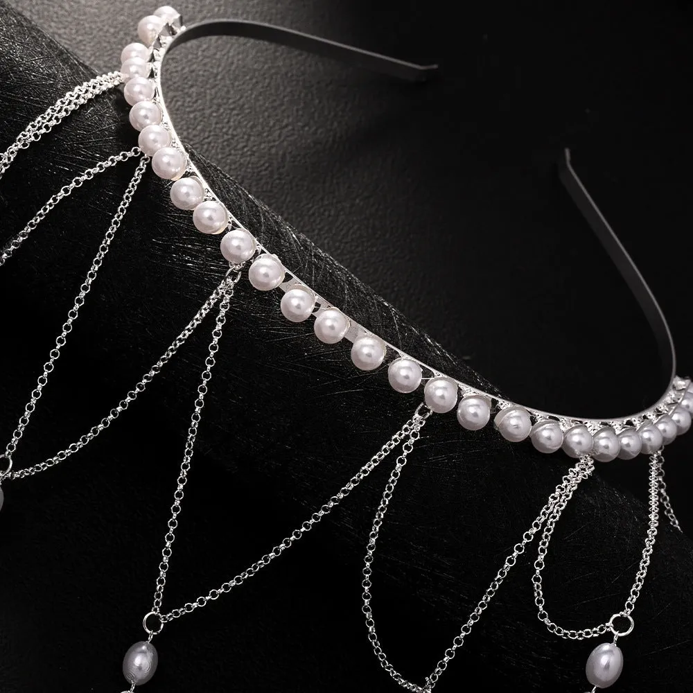 Gold and silver mesh tassel hair chain with pearl elements for women