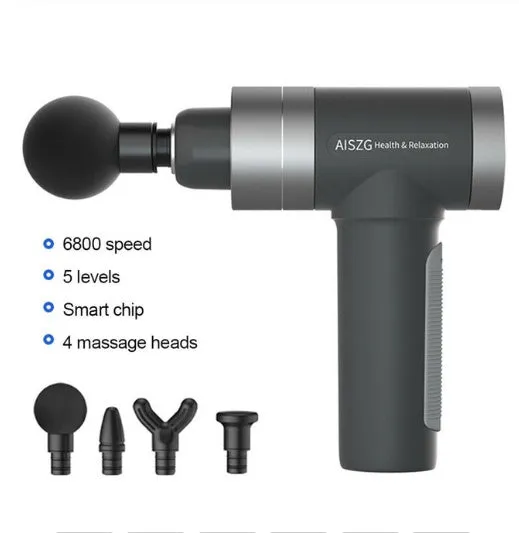 Grey electric percussion muscle massage gun with ergonomic handle, touch screen, and three massage heads on display