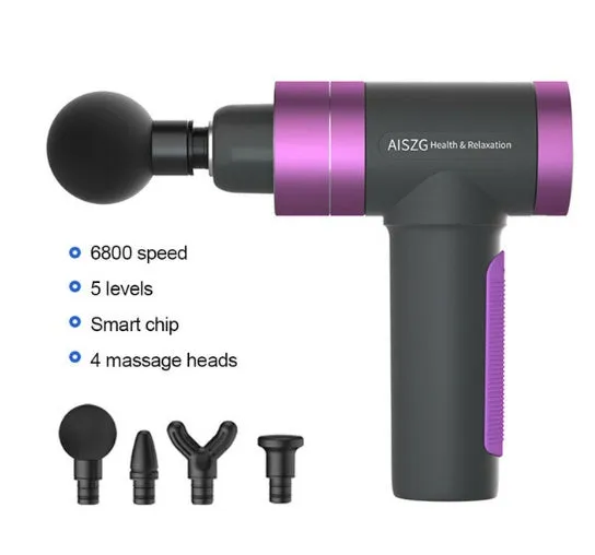 Grey electric percussion muscle massage gun with ergonomic handle, touch screen, and three massage heads on display