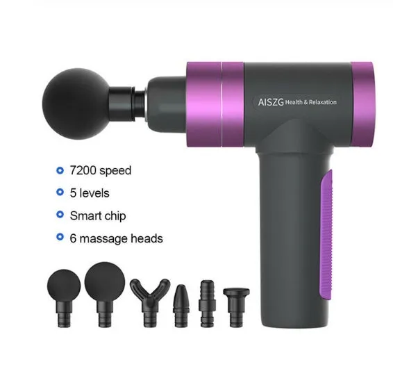 Grey electric percussion muscle massage gun with ergonomic handle, touch screen, and three massage heads on display