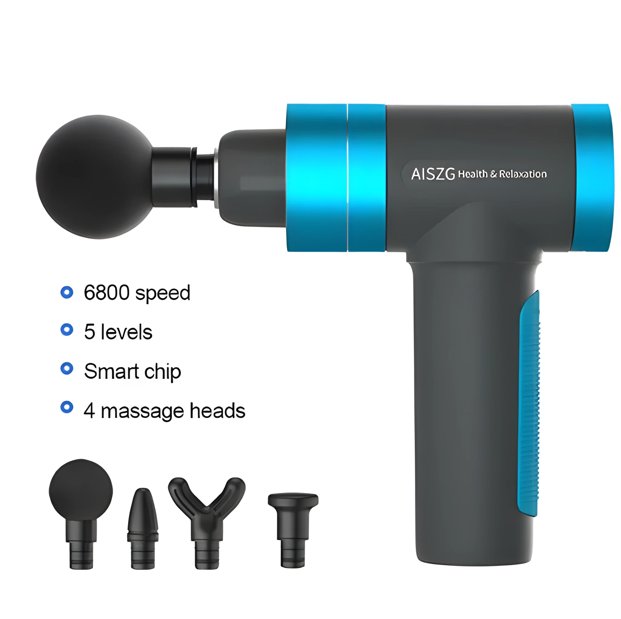 Grey electric percussion muscle massage gun with ergonomic handle, touch screen, and three massage heads on display