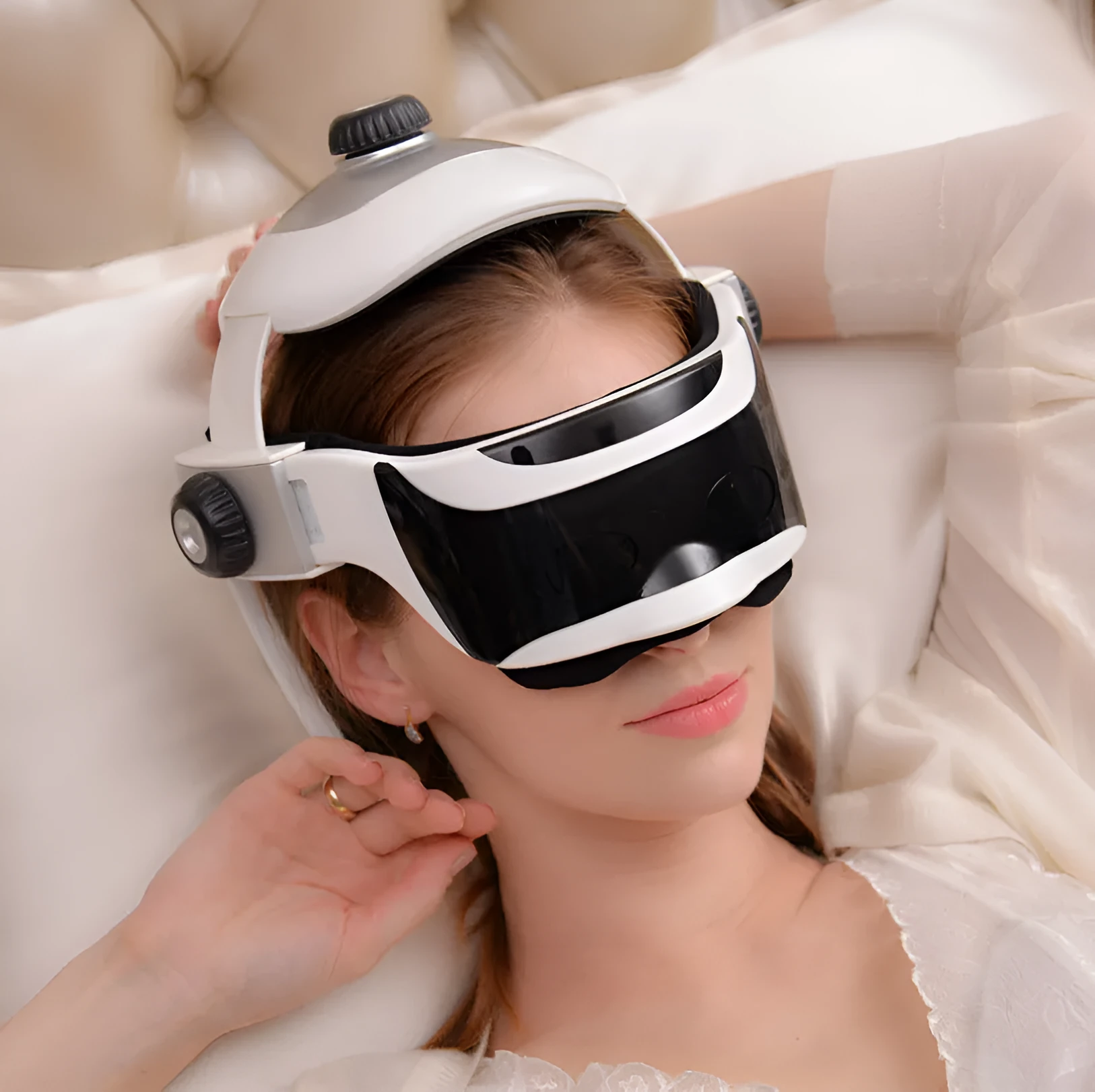 Electric helmet head massager with wireless remote control, vibration massage, battery powered