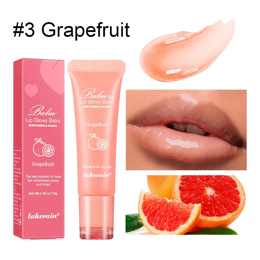 Women's flavoured lip gloss in berry, grape, grapefruit, and yellow peach variants.
