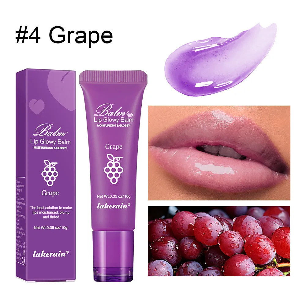 Women's flavoured lip gloss in berry, grape, grapefruit, and yellow peach variants.