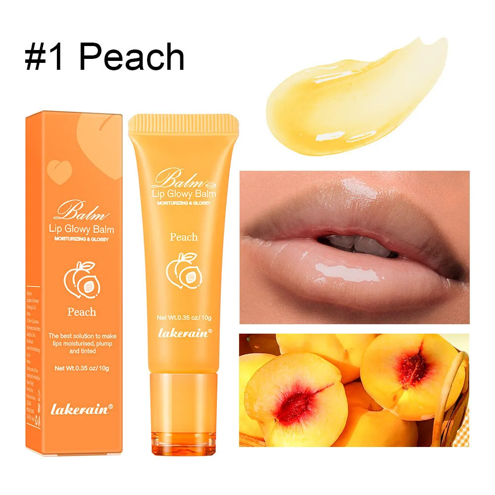 Women's flavoured lip gloss in berry, grape, grapefruit, and yellow peach variants.