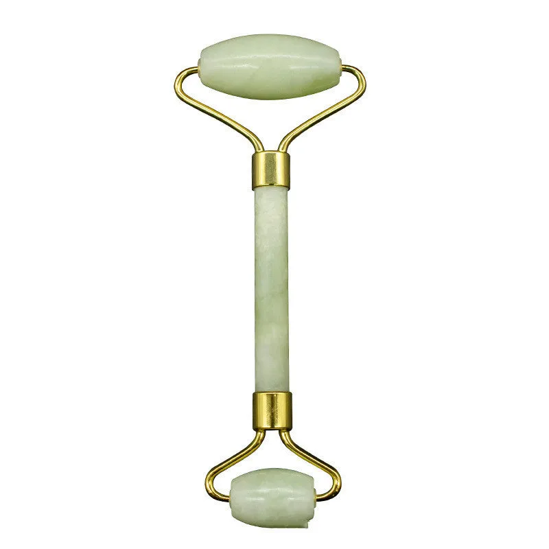 Natural green Jiayu stone double-head jade roller massager with geometric shape
