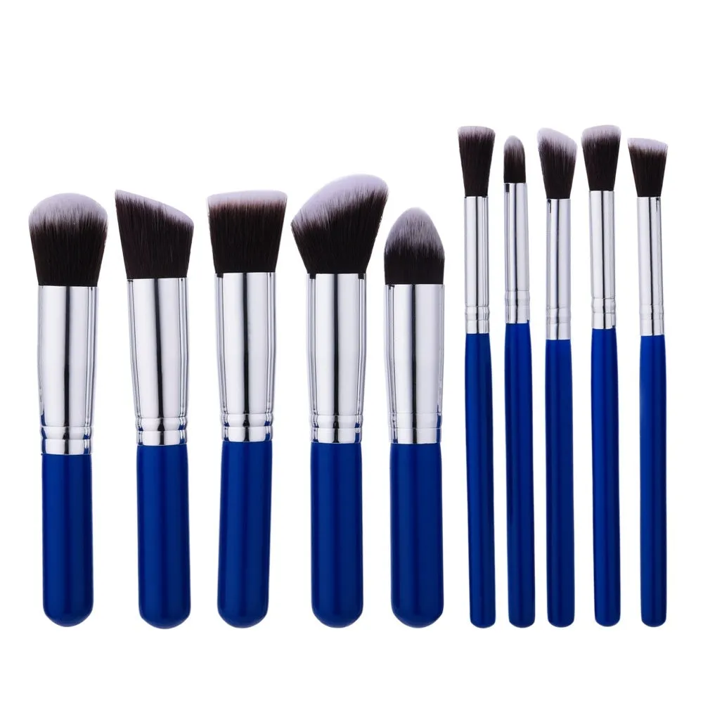 10-piece nylon makeup brush set with wooden handles in blue silver mini size