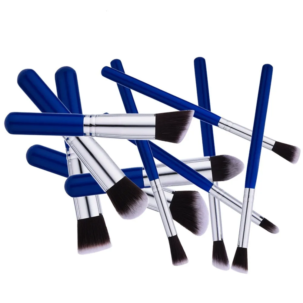 10-piece nylon makeup brush set with wooden handles in blue silver mini size