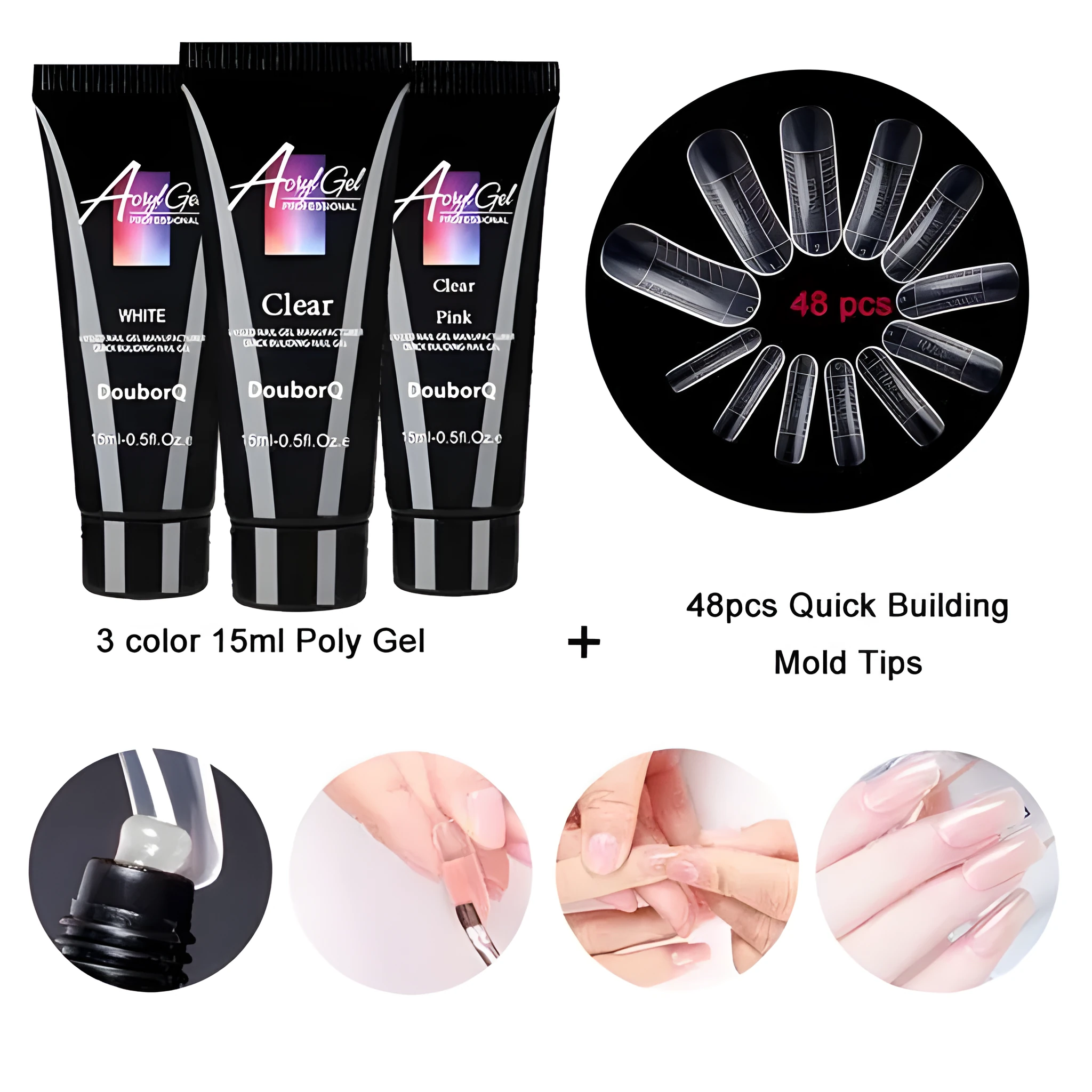 Three 15ml polygel bottles in different colours with 48 mold tips for nail extensions