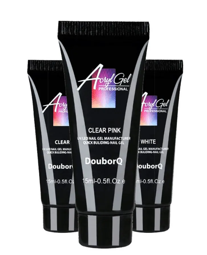 Three 15ml polygel bottles in different colours with 48 mold tips for nail extensions