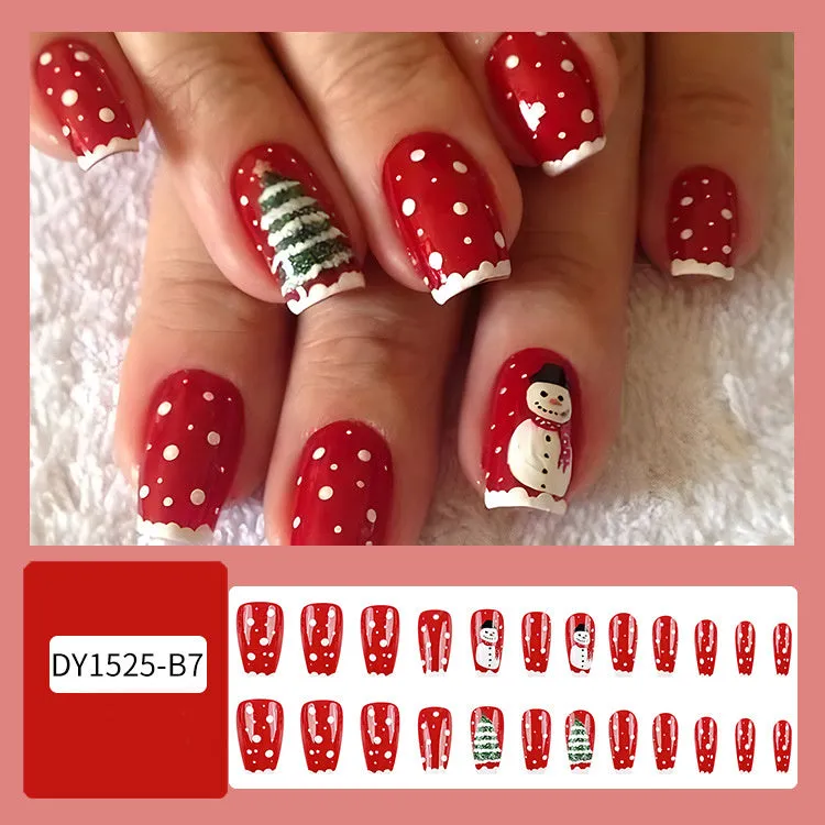 24pcs Christmas false nails with hat striped snowflake nail art stickers, eight colour options, full set