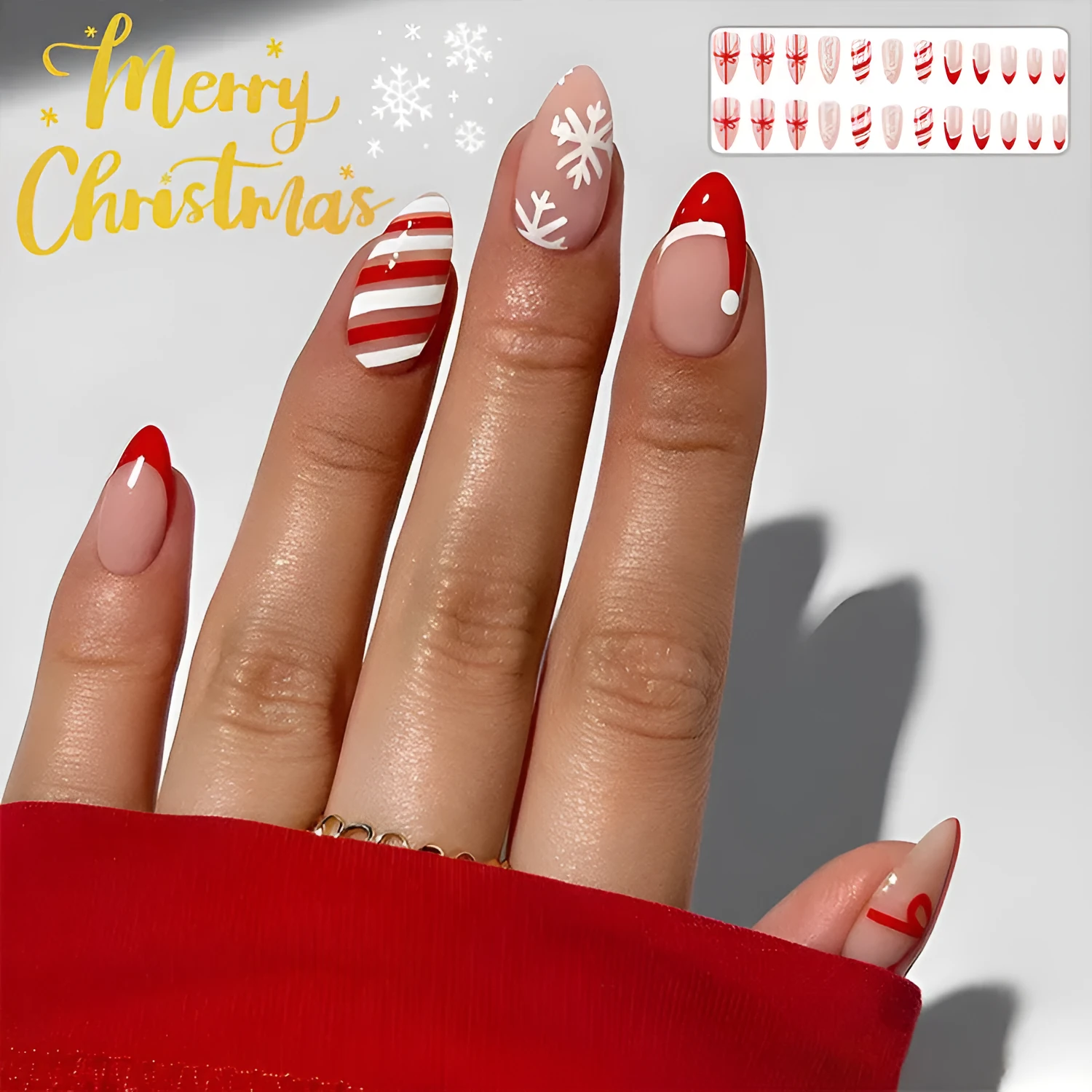 24pcs Christmas false nails with hat striped snowflake nail art stickers, eight colour options, full set