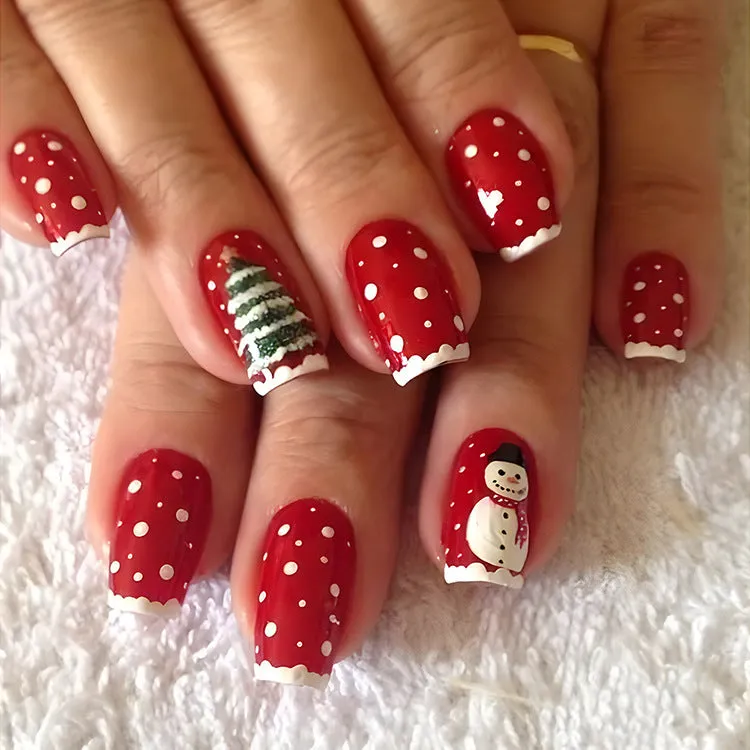 24pcs Christmas false nails with hat striped snowflake nail art stickers, eight colour options, full set