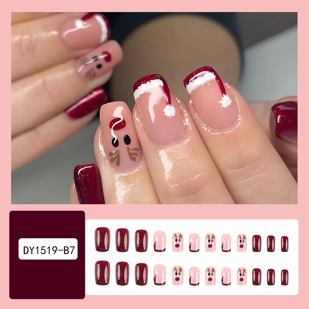24pcs Christmas false nails with hat striped snowflake nail art stickers, eight colour options, full set
