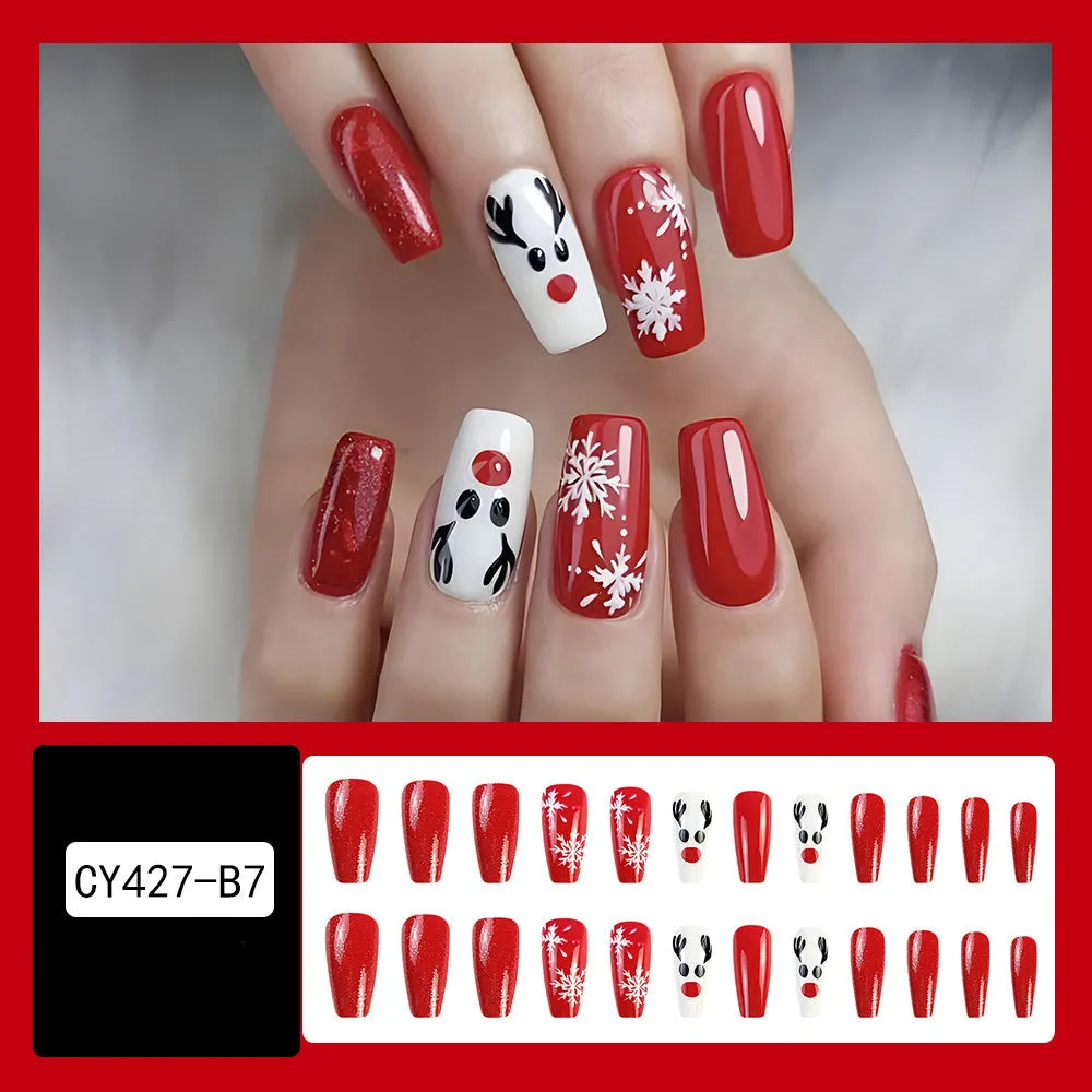24pcs Christmas false nails with hat striped snowflake nail art stickers, eight colour options, full set