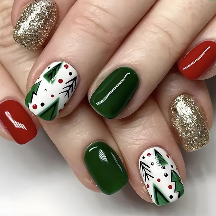 24pcs Christmas false nails with hat striped snowflake nail art stickers, eight colour options, full set