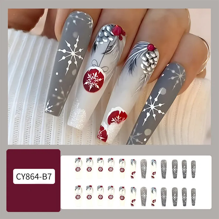 24pcs Christmas false nails with hat striped snowflake nail art stickers, eight colour options, full set