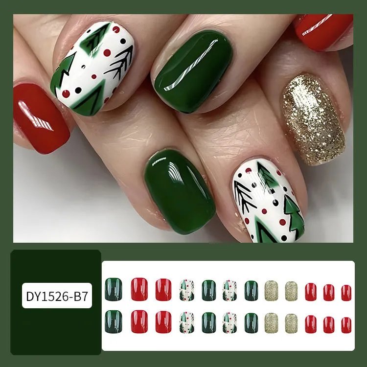 24pcs Christmas false nails with hat striped snowflake nail art stickers, eight colour options, full set