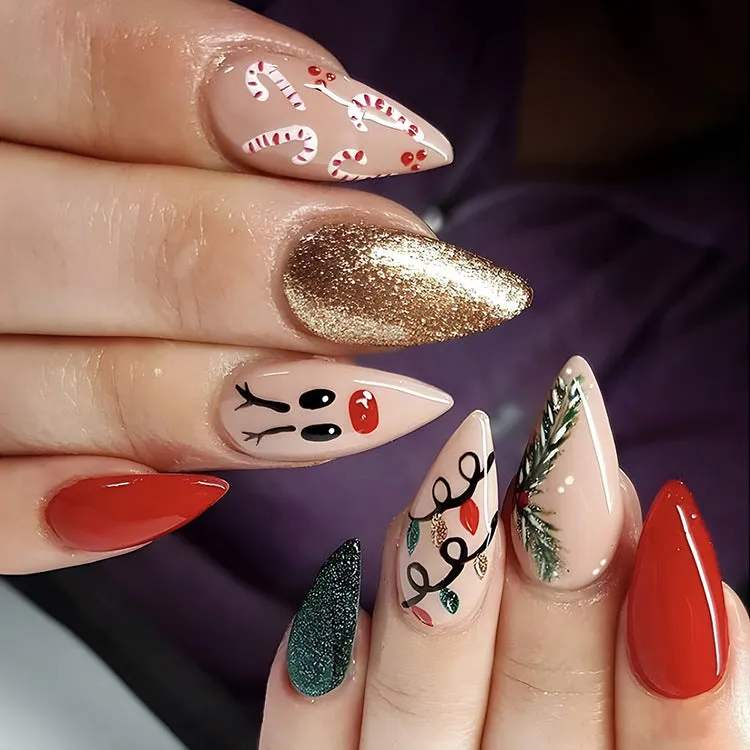 24pcs Christmas false nails with hat striped snowflake nail art stickers, eight colour options, full set