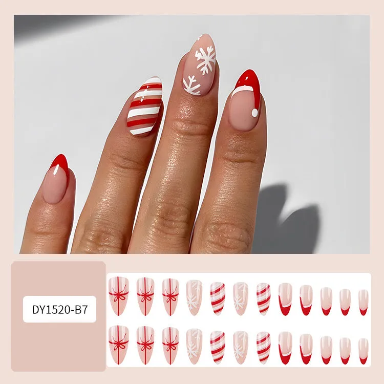 24pcs Christmas false nails with hat striped snowflake nail art stickers, eight colour options, full set