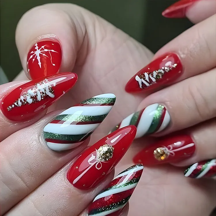 24pcs Christmas false nails with hat striped snowflake nail art stickers, eight colour options, full set