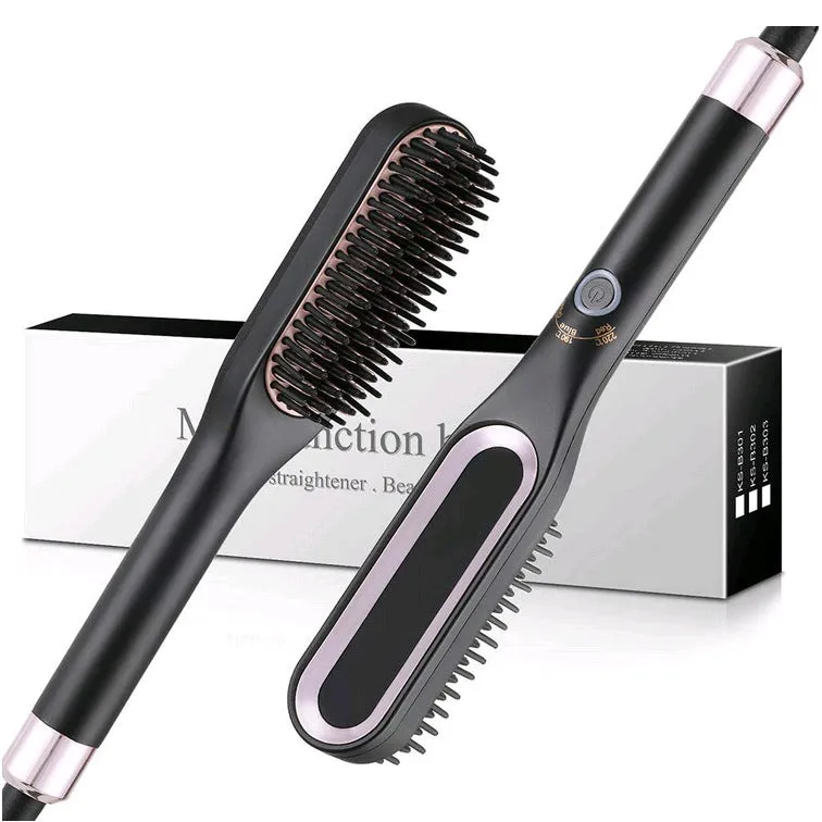 Mini hair straightener brush in gold with tourmaline ceramic heat conductor, suitable for dry and wet hair